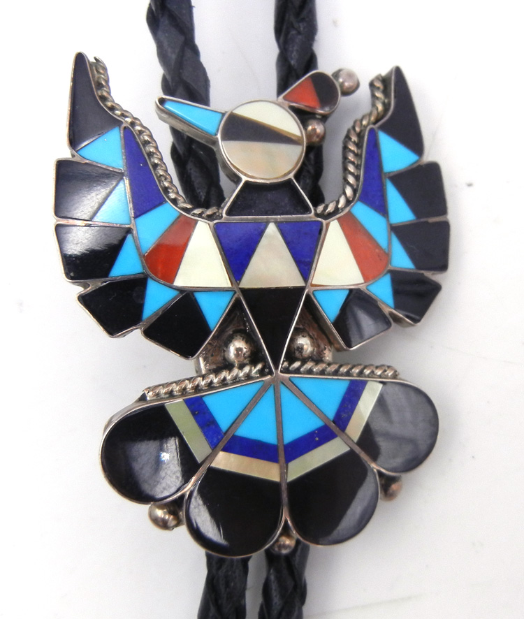 Zuni multi-stone inlay and sterling silver thunderbird bolo tie by Delwin Gasper