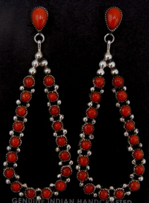 Zuni large coral and sterling silver tear drop dangle earrings