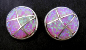 Zuni pink lab opal and sterling silver inlay round post earrings