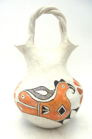 Acoma vintage handmade and hand painted parrot design wedding vase with twisted handle circa 1950s