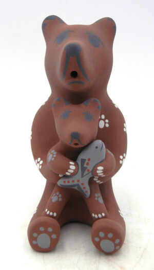 Jemez seated bear storyteller figurine with one cub and fish by Derrick Tsosie