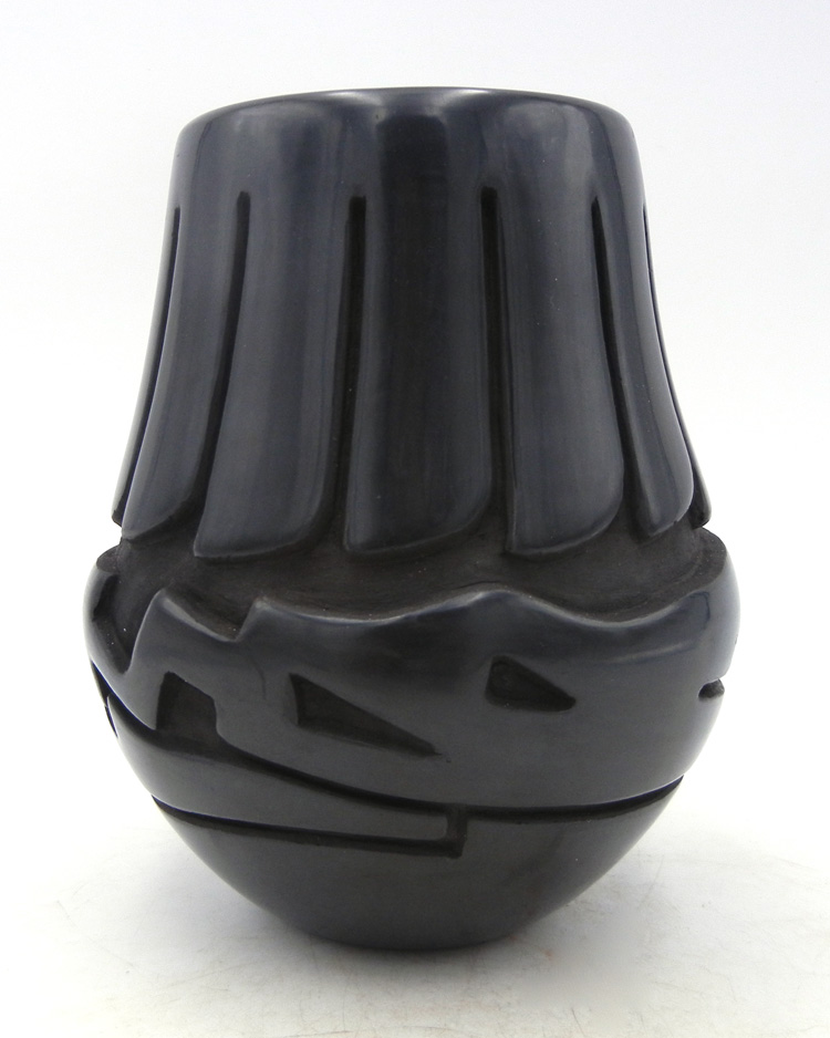 Santa Clara black etched and polished avanyu and feather vase by Vicki Martinez