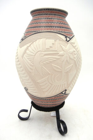 Mata Ortiz handmade, painted and etched polychrome bird design vase
