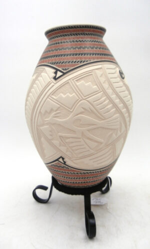 Mata Ortiz Martin Olivas Handmade, Painted and Etched Polychrome Bird Design Vase