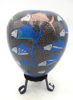 Mata Ortiz handmade and hand painted polychrome fish vase by Efrain Lucero Andrew
