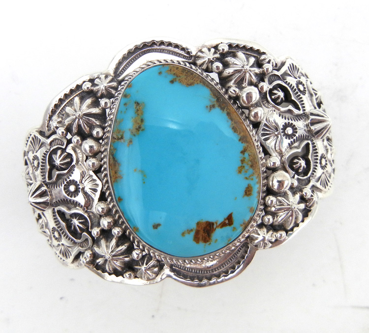 Navajo sterling silver applique and turquoise cuff bracelet by Happy Piasso