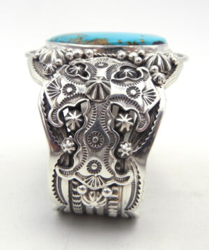 Navajo Happy Piasso Sterling Silver Applique and Turquoise Cuff Bracelet