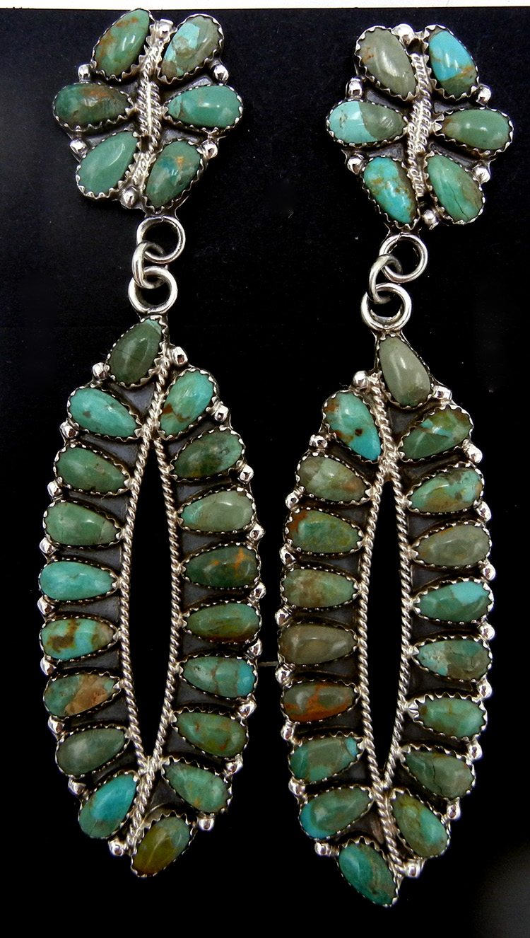 Navajo large green turquoise and sterling silver dangle earrings by Ophelia Moses