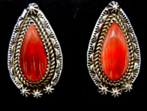 Navajo red spiny oyster and sterling silver tear drop post earrings by Karlex Becenti