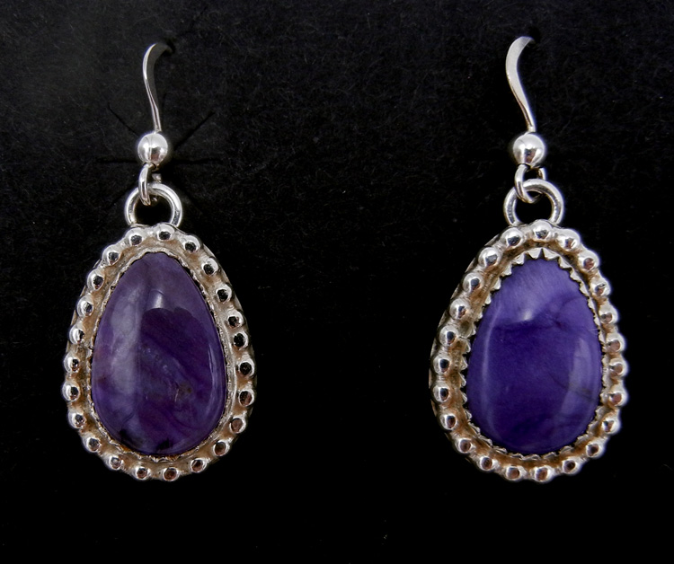 Navajo small charoite and sterling silver dangle earrings