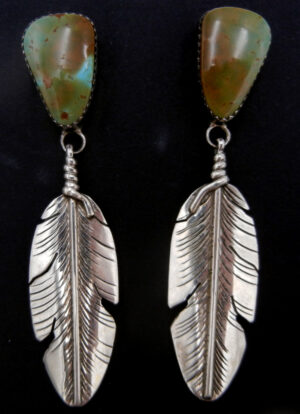 Navajo handmade turquoise and sterling silver feather dangle earrings by Ben Begay