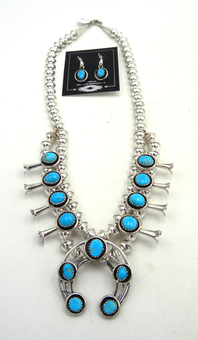 Navajo small turquoise and sterling silver squash blossom necklace and earring set by Lenora Garcia
