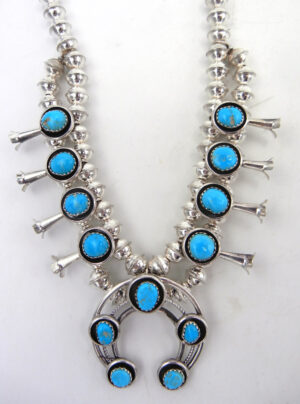 Navajo Lenora Garcia Small Turquoise and Sterling Silver Squash Blossom Necklace and Earring Set