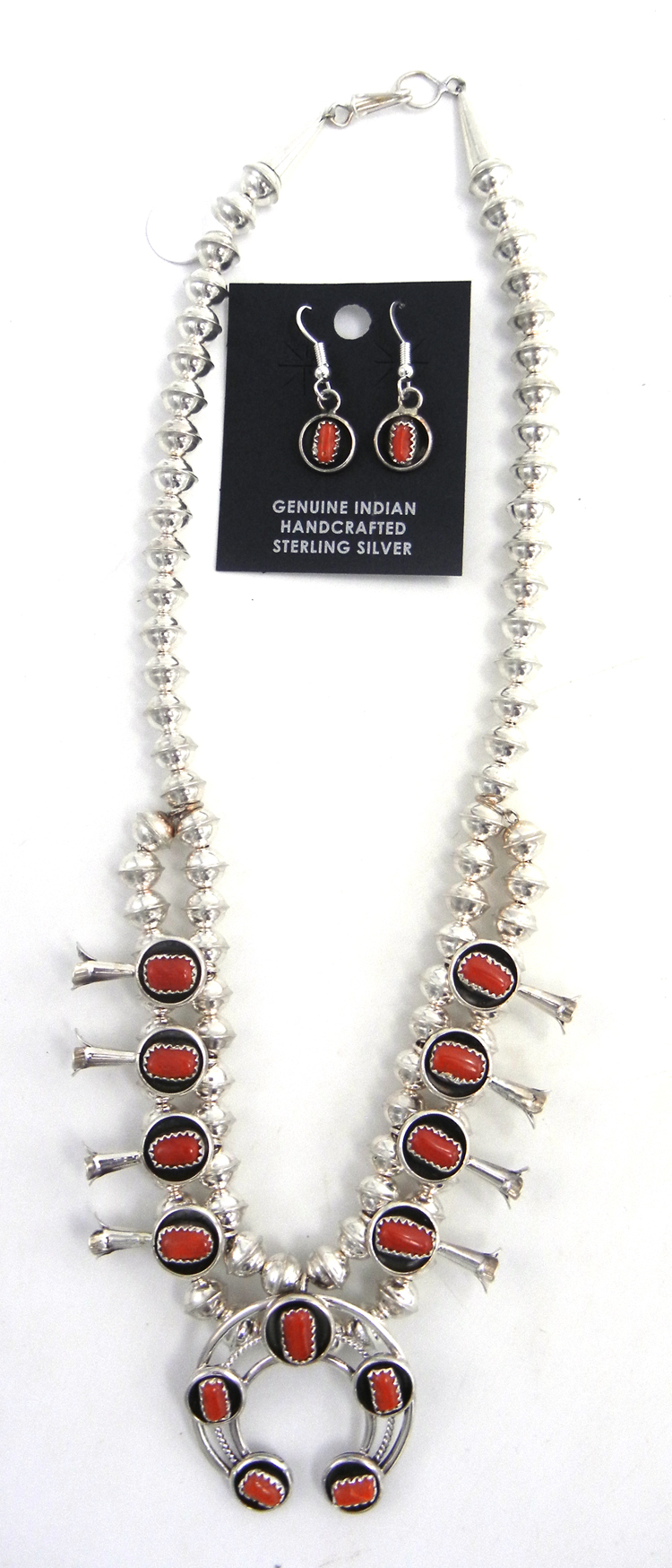 Navajo coral and sterling silver squash blossom necklace and earring set by Lenora Garcia