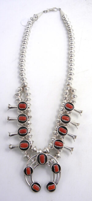 Navajo Lenora Garcia Small Coral and Sterling Silver Squash Blossom Necklace and Earring Set