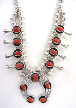 Navajo Lenora Garcia Small Coral and Sterling Silver Squash Blossom Necklace and Earring Set