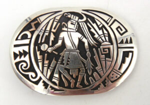 Navajo sterling silver overlay belt buckle with parrot, feather and weather patterns by Sonny Gene