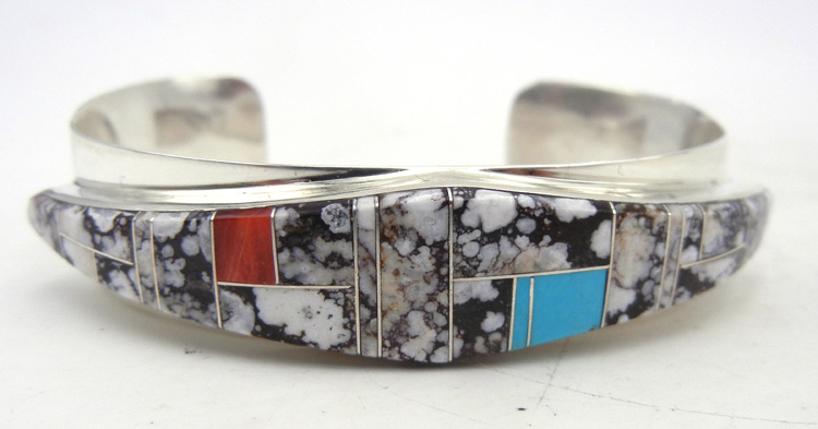 Navajo wild horse, turquoise and red spiny oyster inlay cuff bracelet with sterling silver