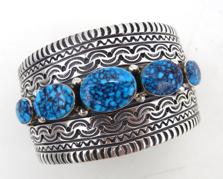 Navajo spiderweb Kingman turquoise and sterling silver wide band cuff bracelet