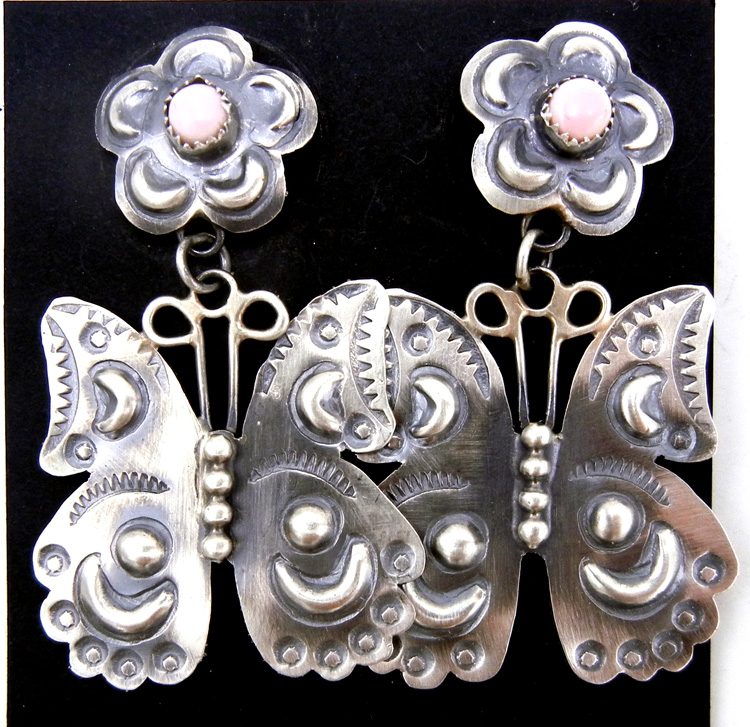 Navajo brushed sterling silver and pink conch butterfly post dangle earrings
