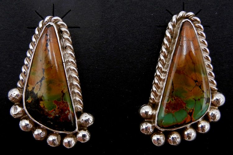 Navajo green turquoise and sterling silver triangular post earrings by Robert Yellowhorse