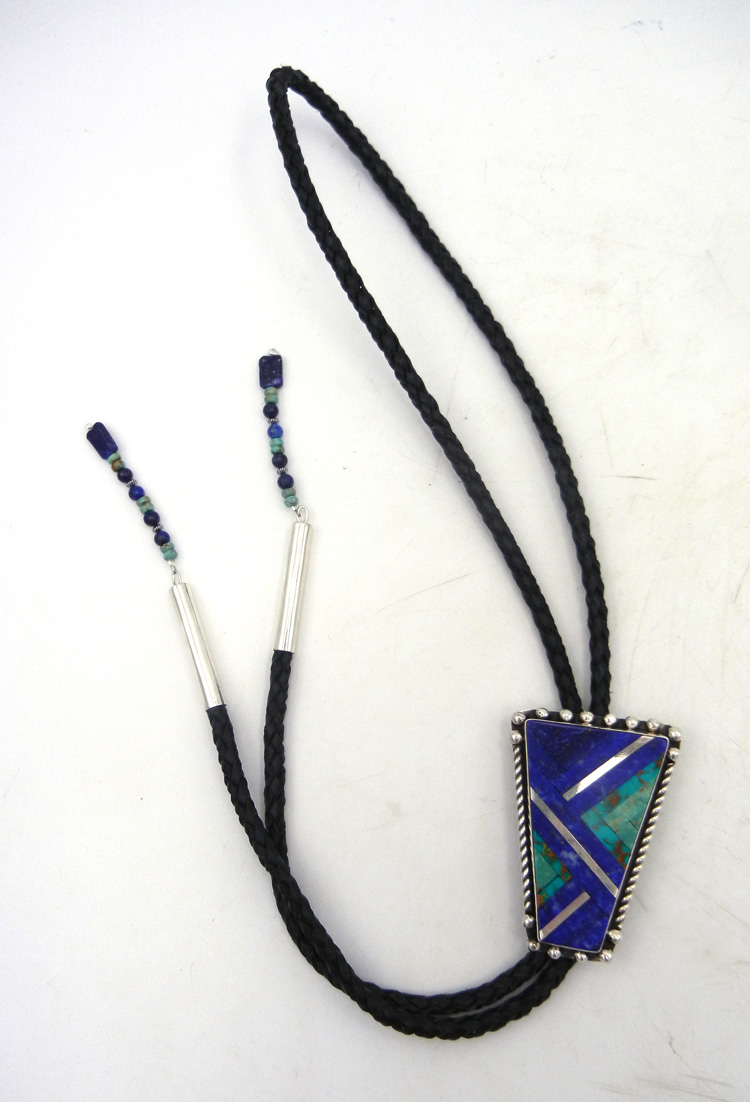 Santo Domingo multi-stone inlay and sterling silver bolo tie with lapis and turquoise featuring beaded tips by Jeffrey Tenorio