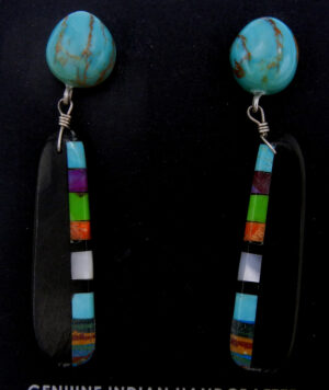 Santo Domingo multi-stone inlay slab earrings with turquoise posts by Ronald Chavez