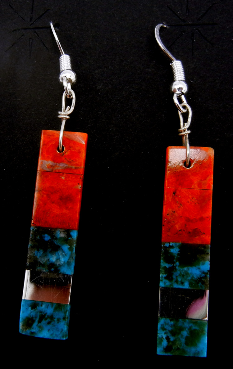 Santo Domingo apple coral, turquoise and sterling silver inlay rectangular slab earrings by Jeffrey Tenorio