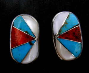 Zuni multi-stone and sterling silver inlay oval post earrings