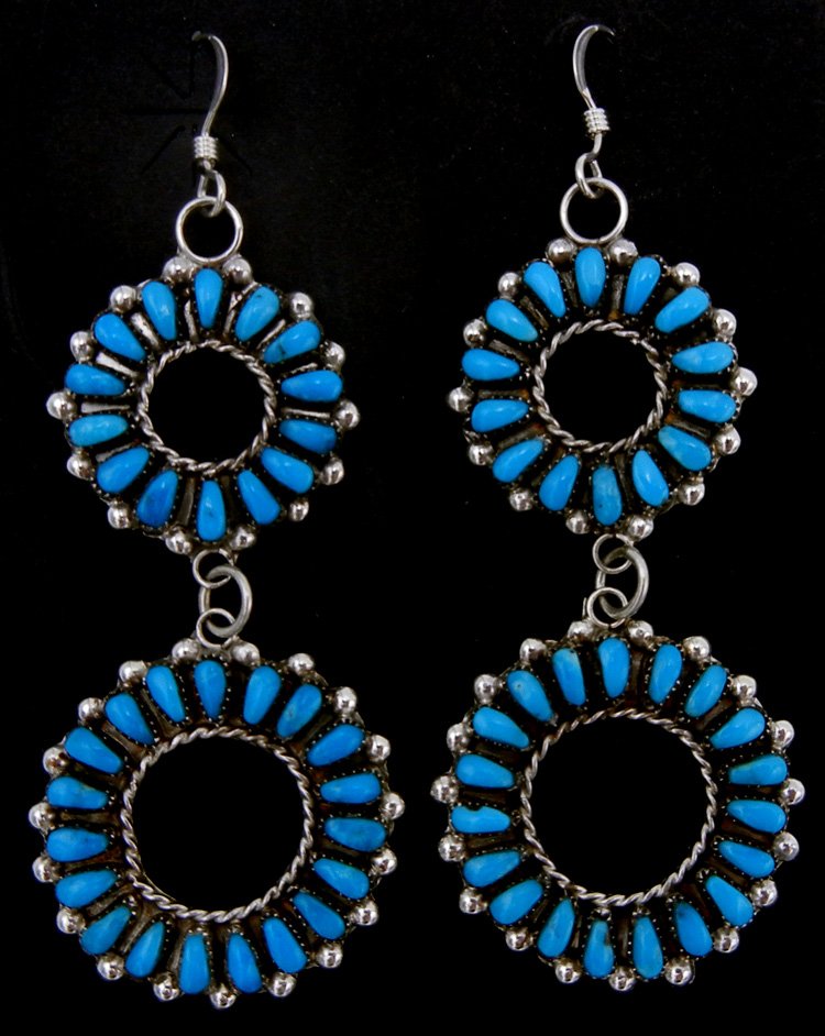 Zuni turquoise and sterling silver double circle dangle earrings