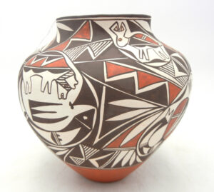 Acoma handmade and hand painted large animal, feather and weather pattern jar by deceased potter Loretta Joe