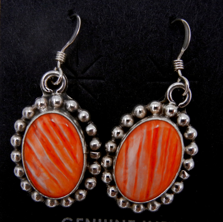 Navajo small orange spiny oyster shell and sterling silver dangle earrings