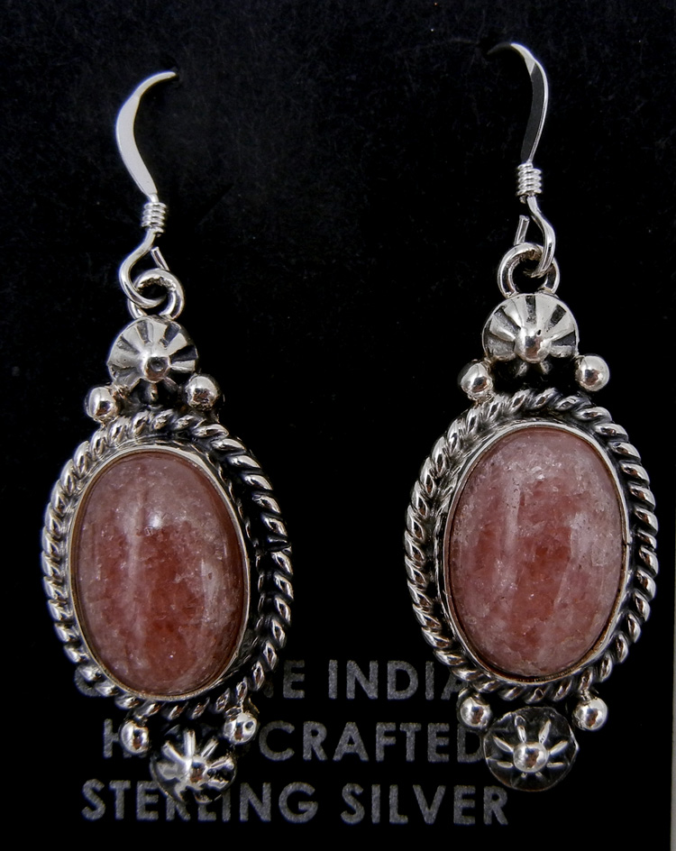 Navajo small rhodochrosite and sterling silver dangle earrings