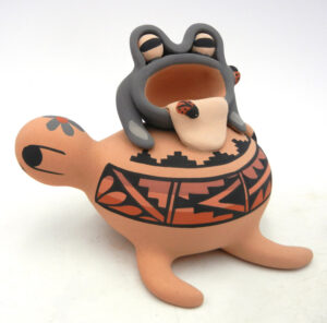 Jemez handmade turtle figurine with piggyback frog by Chrislyn Fragua