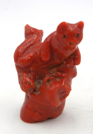 Zuni Mediterranean coral carved double bears on stump fetish