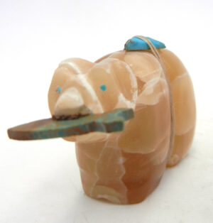 Zuni carved Mexican onyx bear fetish with turquoise fish by Scott Garnett
