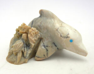 Zuni carved soapstone dolphin fetish with coral reef and turtle by Michael Coble