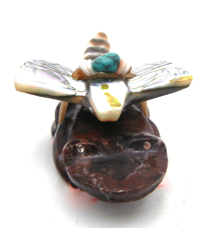 Zuni carved mother of pearl dragonfly piggybacking a jasper frog stone water fertility fetish by Daisy (Natewa) Leonard