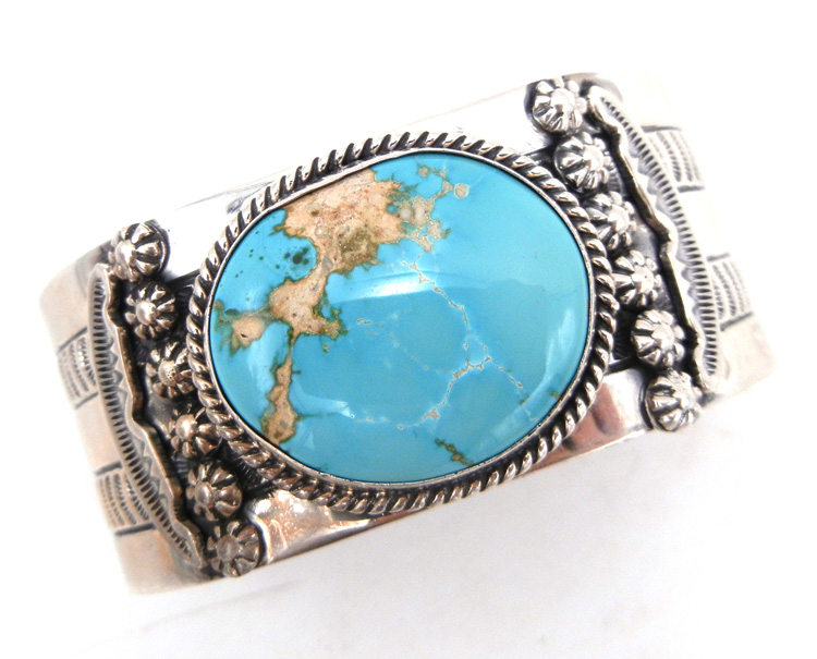 Navajo wide band Royston turquoise and sterling silver cuff bracelet by Will Denetdale