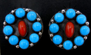 Navajo turquoise, coral and sterling silver cluster post earrings