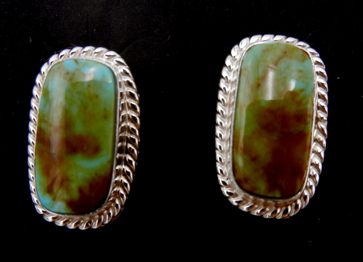Navajo small green turquoise and sterling silver rectangular post earrings