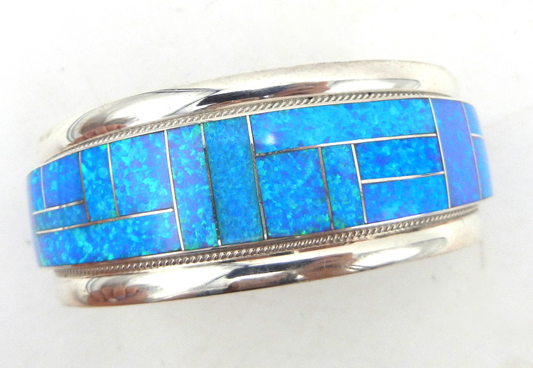 Zuni blue lab opal and sterling silver channel inlay cuff bracelet by Rickel and Glendora Booqua.
