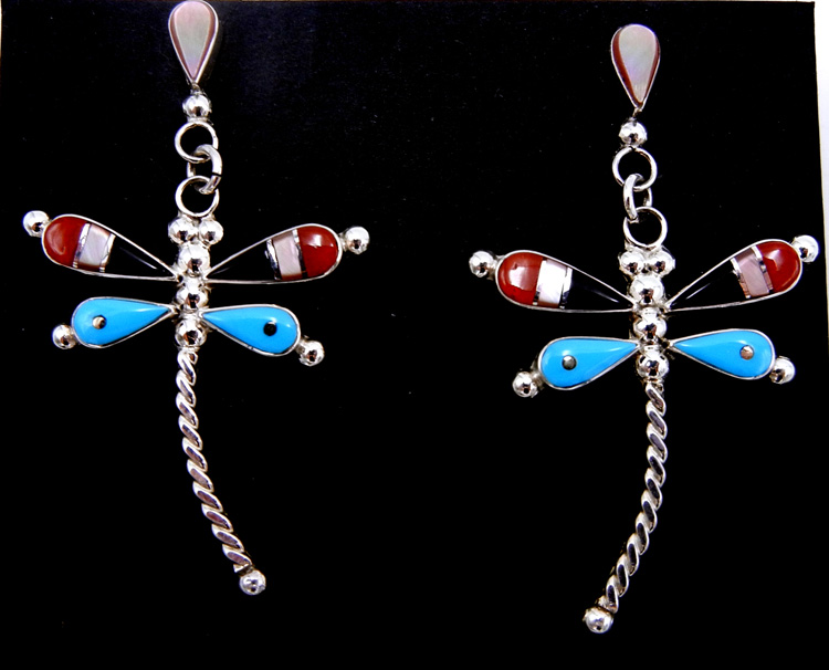 Zuni multi-stone inlay and sterling silver inlay dragonfly dangle earrings
