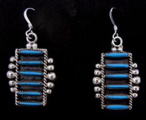 Zuni turquoise needlepoint and sterling silver dangle earrings