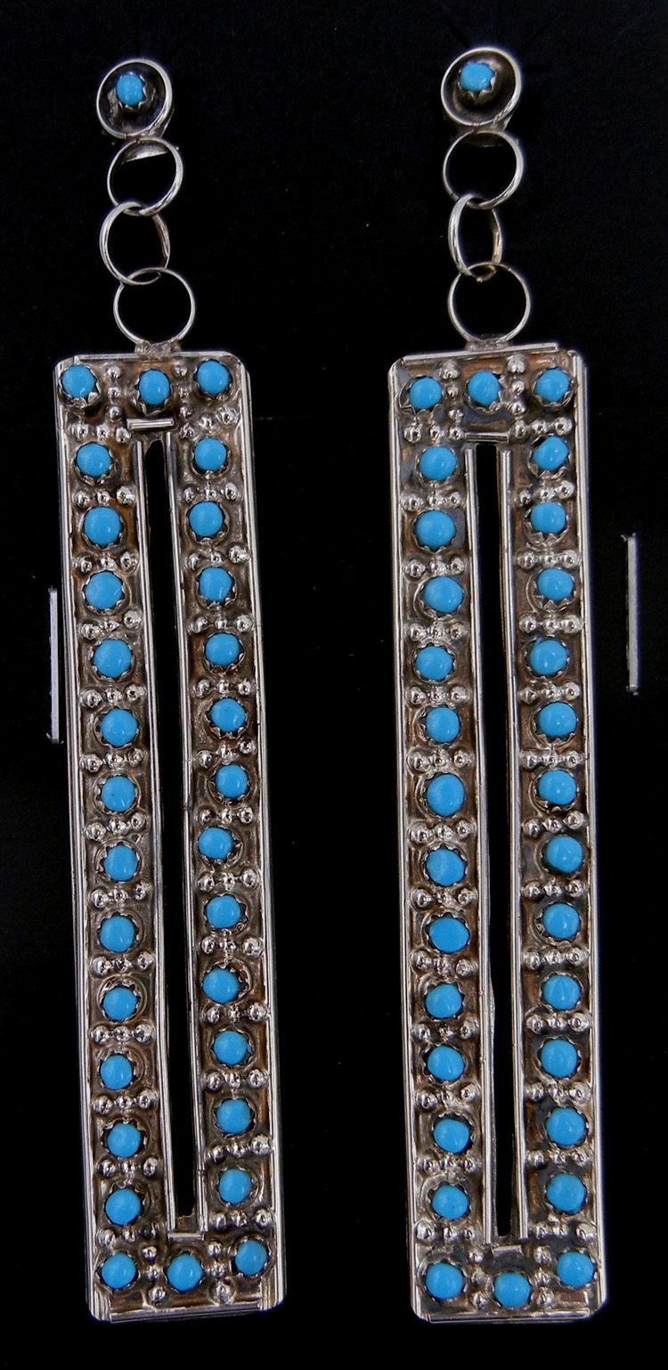 Zuni large rectangular turquoise petit point and sterling silver dangle earrings