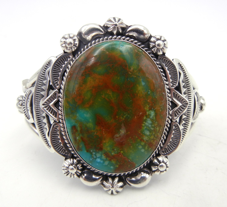 Navajo large green turquoise and sterling silver cuff bracelet by Will Denetdale