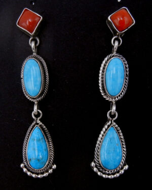 Navajo coral and double turquoise and sterling silver post dangle earrings