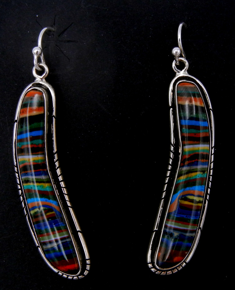 Navajo rainbow calsilica and sterling silver dangle earrings