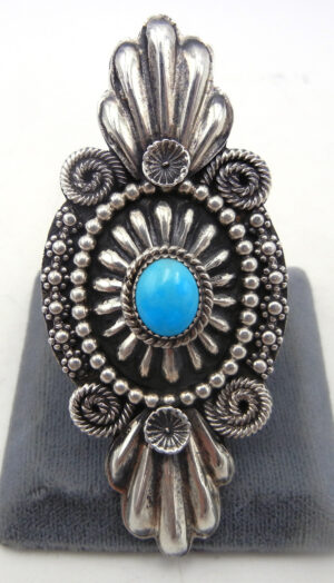 Navajo large sterling silver applique and turquoise adjustable ring by Hemerson Brown