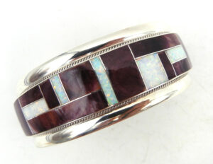Zuni purple spiny oyster, white lab opal and sterling silver channel inlay cuff bracelet by Rickel and Glendora Booqua